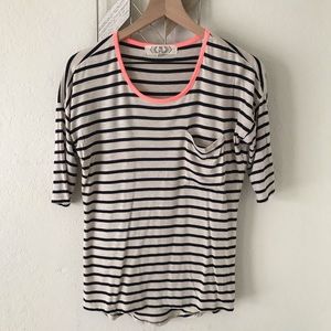Pink Rose navy and cream stripe top with neon neck